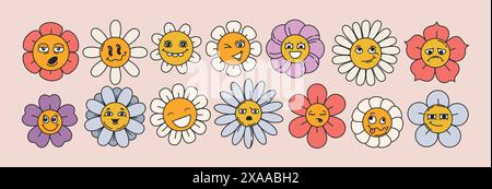 Fiori vettoriali a margherita con divertenti volti sorridenti. Personaggi di fiori funky con emozioni. Graziosa camomilla in fiore in uno stile trendy e retrò. Confezione di adesivi floreali hippie, piante treppy con occhi. Illustrazione Vettoriale