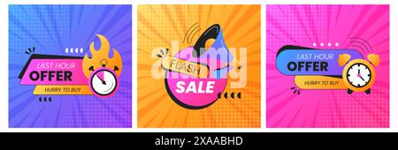 Set di offerte quadrate dell'ultima volta o banner di vendita caldo. La promozione promozionale include sveglia, conto alla rovescia o annuncio megafono. Modello di poster promozionale per i social media e il sito Web per lo shopping online Illustrazione Vettoriale