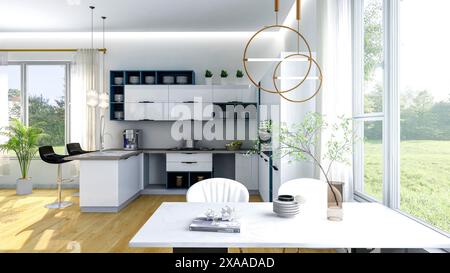 Interni bianchi moderni ed eleganti della cucina, 3D Rendering Foto Stock