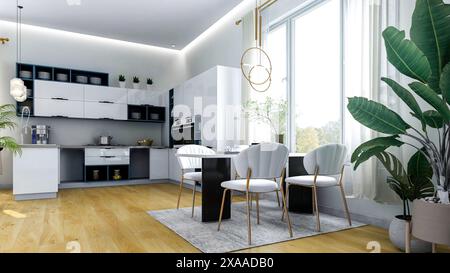 Interni bianchi moderni ed eleganti della cucina, 3D Rendering Foto Stock