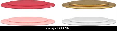 Set cilindro sottile lucido metallico cerchiato a due sezioni, illustrazione vettoriale del modello isometrico 3d. Raccolta realistica costoso podio pe Illustrazione Vettoriale