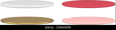 Collezione realistica cilindro sottile metallico lucido piatto rotondo podio modello 3d vettoriale. Crea una piattaforma minimalista con piedistallo circolare Illustrazione Vettoriale