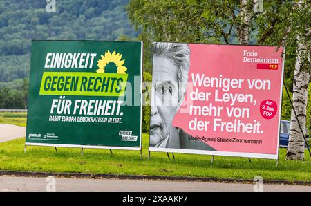 Lauchringen, Germania, 26 maggio 2024: Il manifesto della campagna The Alliance 90/The Greens e la candidata Marie-Agnes Strack-Zimmermann of the Free Foto Stock