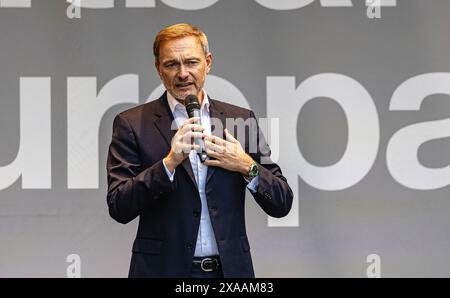 Stoccarda, Germania, 3 giugno 2024: Christian Lindner, Ministro federale delle finanze e Presidente del Partito Liberale Democratico di Germania (FDP) durante HIS Foto Stock