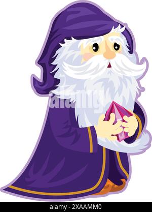 Incantevole mago dei cartoni animati in vesti viola che reggono una mistica sfera di cristallo Illustrazione Vettoriale