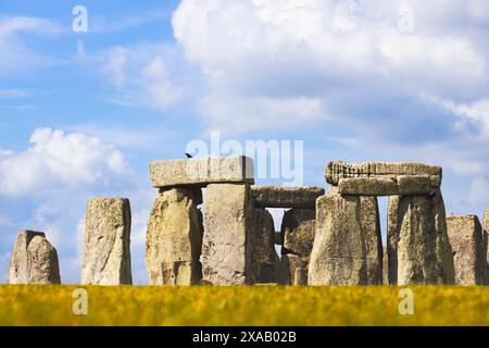Stonehenge in una bella giornata di sole, sito patrimonio dell'umanità dell'UNESCO, Salisbury Plain, Wiltshire, Inghilterra, Regno Unito, Europa Foto Stock