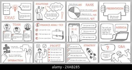 Modelli di presentazioni aziendali disegnati a mano. Report di diapositive con cornici in stile doodle, illustrazioni dei personaggi e infografiche. Gruppo vettoriale. Illustrazione Vettoriale