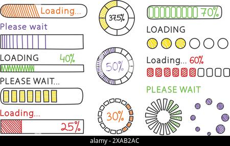 Barra di carico trainata a mano. Indicatori di avanzamento Doodle, barra di download circolare e set di vettori ui di caricamento dello schizzo. Illustrazione Vettoriale