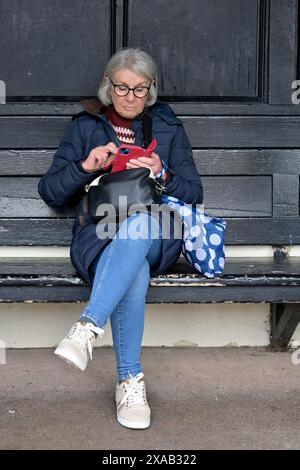 donna anziana in pensione che usa il telefono cellulare Foto Stock
