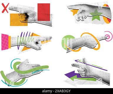 Collage di mani con puntamento mezzitoni. Direzione dei supporti misti gesti delle mani, grafica pop che punta le frecce con il dito stile scrapbooking, set vettoriale di composizioni. Illustrazione Vettoriale