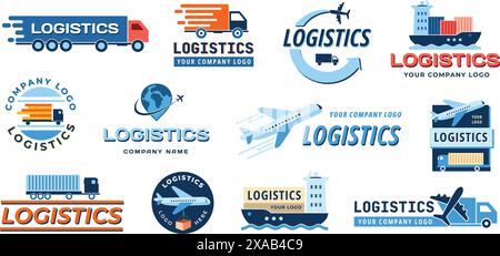 Emblema logistico. Icone delle società di trasporto con icone di camion, aeroplani, navi e container per il set di vettori per servizi di trasporto merci e merci. Illustrazione Vettoriale