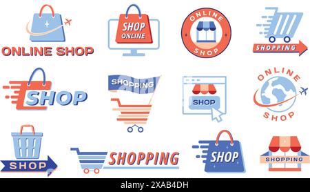 Icone dello shopping. Negozio online e emblemi del retail digitale con sacchetti per la spesa, carrelli, tende da sole e simboli del cestino. Set di modelli vettoriali. Illustrazione Vettoriale