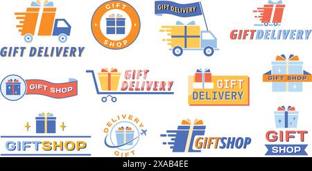 Icone di consegna dei regali. Presenta il simbolo del servizio o del negozio di articoli da regalo con confezione regalo, carrello e set vettoriale con simboli del camion. Illustrazione Vettoriale