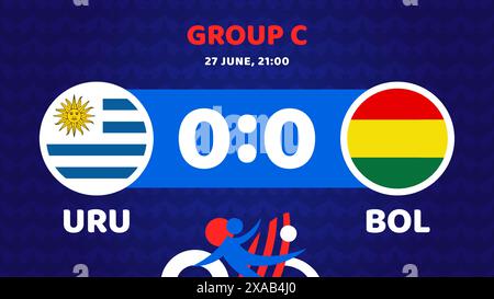 uruguay vs bolivia football america 2024 partita contro. 2024 partita del campionato della fase a gironi contro l'introduzione delle squadre sullo sport. Illustrazione Vettoriale