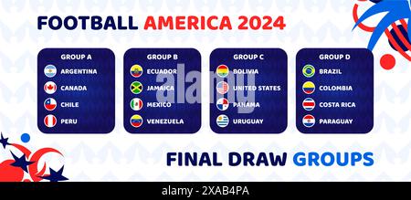 Football America 2024 gruppi finali. Tabella del sorteggio finale del campionato di calcio 2024. Squadre nazionali di calcio con icone di bandiera. Illustrazione Vettoriale