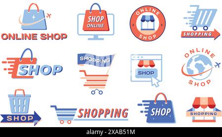 Icone dello shopping. Negozio online e emblemi del retail digitale con sacchetti per la spesa, carrelli, tende da sole e simboli del cestino. Set di modelli vettoriali. Illustrazione Vettoriale