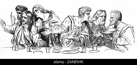 Incisione in legno degli Apostoli all'ultima cena tratta da un frammento di Leonardo da Vinci dipinto che mostra da sinistra a destra Tommaso, Giacomo il GRE Foto Stock