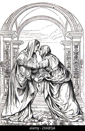 Incisione in legno delle saluti da un dipinto di Murillo - Maria visitò Elisabetta (madre di Giovanni Battista) quando Elisabetta sentì parlare dei salutati Foto Stock