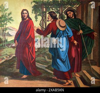 Incisione in legno di 'Abide by Us' da pittura di Schnoor - Gesù appare a 2 discepoli sulla strada per Emmaus in Antico XIX secolo illustrato f Foto Stock