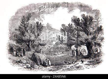 Incisione in legno della Festa dei Tabernacoli che commemora il viaggio degli Israeliti nel deserto di 40 anni nell'antica illustrazione del XIX secolo Foto Stock