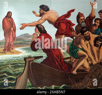 Incisione in legno di Gesù Cristo che appare sul lago di Tiberiade da un dipinto di Schnorr in Antica Bibbia illustrata di famiglia del XIX secolo Foto Stock