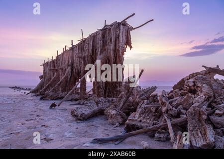 Rovine del ponte delle miniere di sale sulla superficie del lago di sale bianco di Karum, deserto della depressione di Danakil, regione di Afar, Etiopia Foto Stock