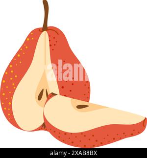 Tagliare le pere rosse con un set di cartoni animati a spicchio di pera. Sezione trasversale di pere rosse fresche e succose, fette di frutta, trafilate a mano, stile piatto alla moda isolato su sfondo trasparente. Illustrazione vettoriale Illustrazione Vettoriale