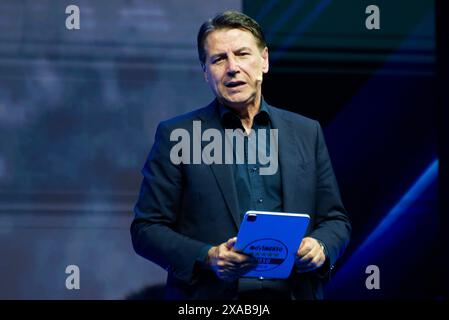 Roma, Italia. 5 giugno 2024. L'ex Premier italiano Giuseppe Conte tiene il suo discorso durante un incontro politico organizzato dal movimento 5 stelle per le prossime elezioni europee, al Teatro Brancaccio. Credito: SOPA Images Limited/Alamy Live News Foto Stock