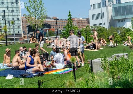 Migliaia di visitatori sul prato della penisola di Gansevoort nell'Hudson River Park di New York, si godranno il fine settimana del Memorial Day di domenica 26 maggio 2024. Il tempo caldo e il sole hanno preso il sopravvento nei primi due giorni, mentre il lunedì del Memorial Day dovrebbe essere nuvoloso e piovoso. (© Richard B. Levine) Foto Stock