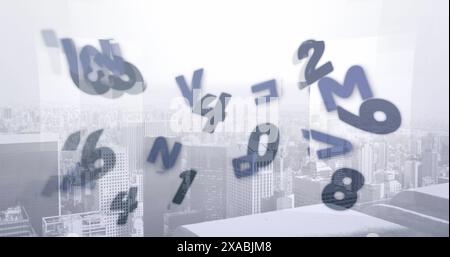 Immagine di numeri e lettere che cadono sopra il paesaggio urbano Foto Stock