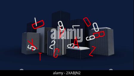 Immagine di numeri e lettere che cadono sopra il paesaggio urbano Foto Stock