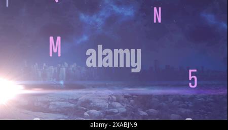 Immagine di numeri e lettere che cadono sopra il paesaggio urbano Foto Stock