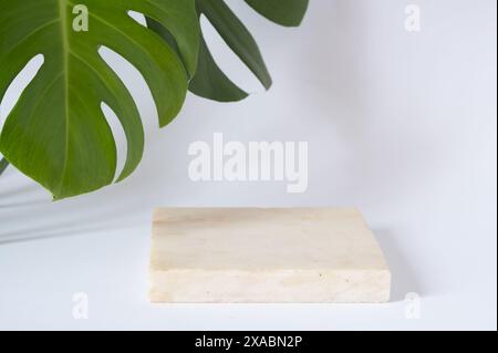 Stile tropicale naturale. Piedistallo in marmo e pianta di formaggio svizzero Monstera foglie verdi su sfondo bianco. Natura morta per la presentazione di cosmetici Foto Stock