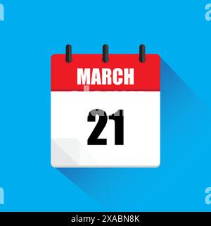 Icona del calendario di marzo. Data 21 evidenziata. Colori rosso e bianco. Illustrazione vettoriale. Illustrazione Vettoriale