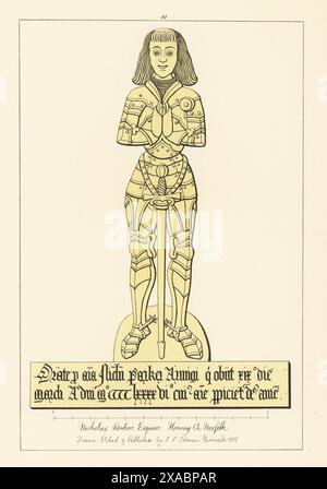 Nicholas Parker, Esquire, cavaliere in armatura a lastra con spada, distintivi capelli lunghi, 1496. Vice sceriffo di Norfolk nel 1462, sposò Margery, figlia di Sir John Jermy. Memorial Brass in St Peter and St Paul Church, Honing, Norfolk. Incisione a mano in rame disegnata, incisa e pubblicata da John Sell Cotman in Engravings of the Most Remarkable of the Sepulchral Brasses in Norfolk, Henry Bohn, Londra, 1818. Foto Stock