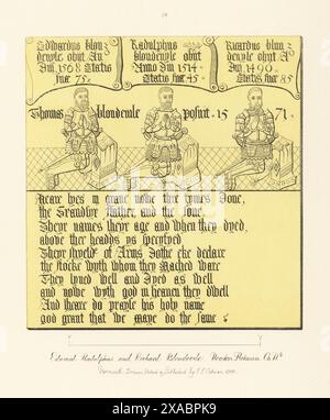 Edoardo (morto nel 1568), Ralph (morto nel 1514) e Richard Blondevile (morto nel 1490). Uomini barbuti in armatura che si inginocchiano a un prie-dieu. Memorial Brass to Three Generations datato 1571 nella St Mary Church, Newton Flotman, Norfolk. Incisione a mano in rame disegnata, incisa e pubblicata da John Sell Cotman in Engravings of the Most Remarkable of the Sepulchral Brasses in Norfolk, Henry Bohn, Londra, 1818. Foto Stock