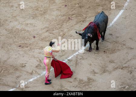 Madrid, Spagna. 5 giugno 2024. Il torero spagnolo Paco Urena si esibisce con un toro nel Las Ventas Bullring durante la stampa. Questo pomeriggio, presieduto da re Felipe vi, si è svolto presso l'arena Las Ventas di Madrid 'la Corrida de la Prensa de 2024'. Credito: SOPA Images Limited/Alamy Live News Foto Stock