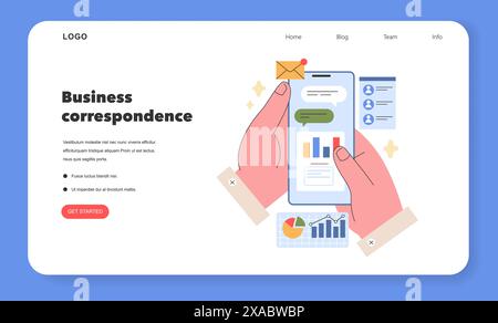Concetto di corrispondenza aziendale mani che tengono in mano uno smartphone che visualizza messaggi e grafici, simboleggiando l'era digitale della comunicazione aziendale illustrazione vettoriale Illustrazione Vettoriale