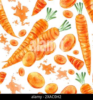 Carote con motivo ad acquerello senza cuciture su sfondo bianco. Carote vegetali trafilati a mano per la stampa e la progettazione di imballaggi, prodotti, patatine, tessuti, t Foto Stock