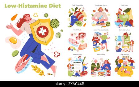 Dieta a basso contenuto di istamina. Guida alla scelta di cibi freschi, cucinare a casa, e alternative per gestire la salute della dieta. Illustrazione vettoriale. Illustrazione Vettoriale