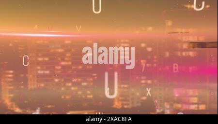 Immagine di numeri e lettere che cadono sopra il paesaggio urbano Foto Stock