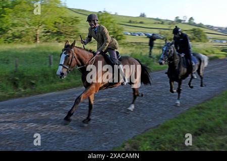 I piloti prendono parte al secondo Major Chase of Hawick Common Riding avviene il giovedì mattina, quando Hawick Cornet 2024, Ryan Nichol porterà la bandiera "Banner Blue" senza autobus. Hawick Common Riding è il primo degli eventi annuali al confine, celebra la cattura di una bandiera inglese da parte dei giovani di Hawick a Hornshole nel 1514 e l'antica usanza di cavalcare le marce o i confini della terra comune. Hawick Common Riding Principals 2024 Cornet Ryan Nichol Cornets Lass, Kirsty McAllan Euan E. Robson, (Cornet 2023), Right Hand Man. Greig Middlemass (Cornet 2022), Foto Stock