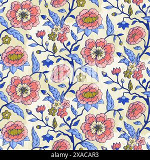 Motivo senza cuciture con colorate chinoiserie disegnate a mano su sfondo beige grunge acquerello Illustrazione Vettoriale