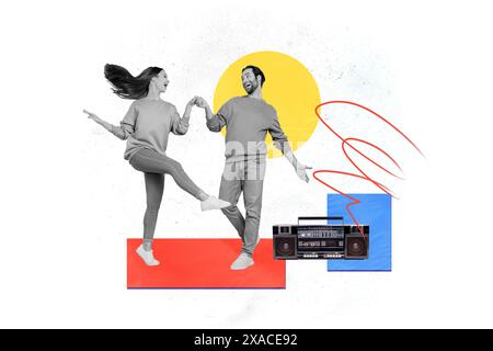 Grafica di tendenza immagine di schizzo composito collage di musica funky spensierata giocare relax uomo di riposo signora data dance coppia boombox retrò vintage Foto Stock