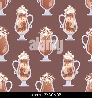 Giornata internazionale del caffè. Bevande calde. Effetto senza cuciture con caffè, cacao e cappuccino. Dai toni caldi della terra. Per carta da parati, tessuto, backgroun avvolgente Illustrazione Vettoriale