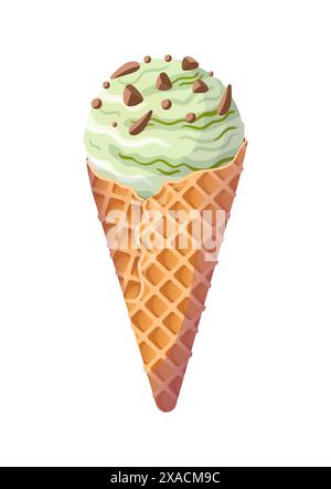 Gelato verde alla menta o al pistacchio in un cono di waffle con gocce di cioccolato. Dessert freddo estivo. Deliziosi dolci morbidi croccanti, illustrazioni gastronomiche realistiche Illustrazione Vettoriale