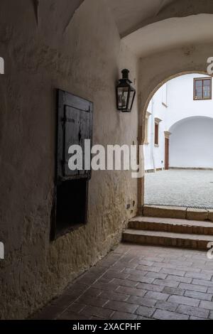 Fotografia di un arco in un cortile interno di un antico castello barocco alpino medievale Foto Stock