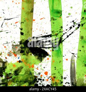 Acquerello opere d'arte vivaci e moderne caratterizzate da schizzi di vernice verde e nera dinamica in una composizione astratta Foto Stock