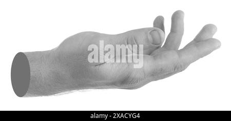 La mano di un uomo che tiene qualcosa su sfondo bianco. Effetto bianco e nero Foto Stock