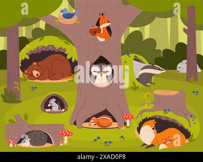 Animali nei buchi. Paesaggio boschivo con volpi, orsi, gufi carini e tassi nelle loro case, radure in legno, cavità, nidi e tane, cartoni animati infantili Illustrazione Vettoriale